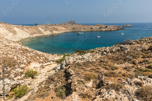 Coastline landscape on the way to the Kleoboulous's tomb in Lindos on the Rhodes Island, Greece. 