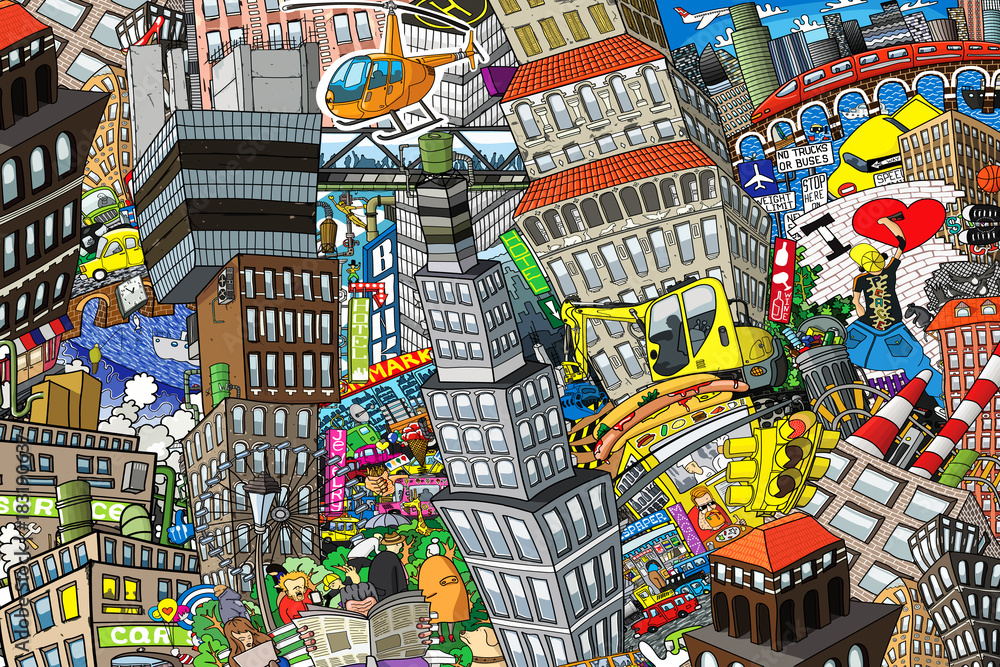 Obraz Miasto, ilustracja dużego kolażu, z domami, samochodami i ludźmi