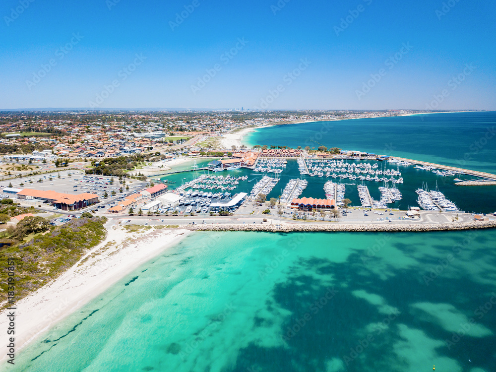 Aerial photograph of Hillarys Boat Harbour on the coast of Perth, Western Australia, Australia.