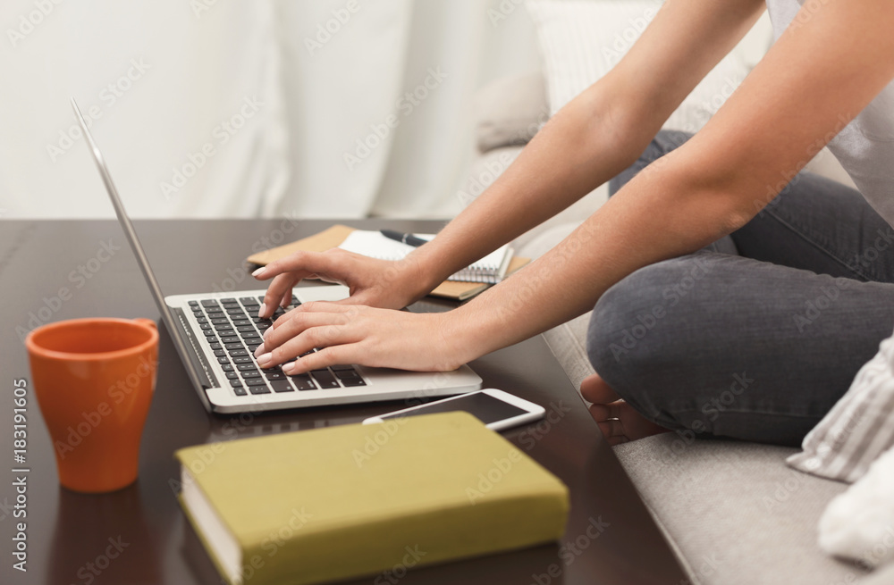 Fototapeta premium Unrecognizable girl with laptop sitting on the sofa