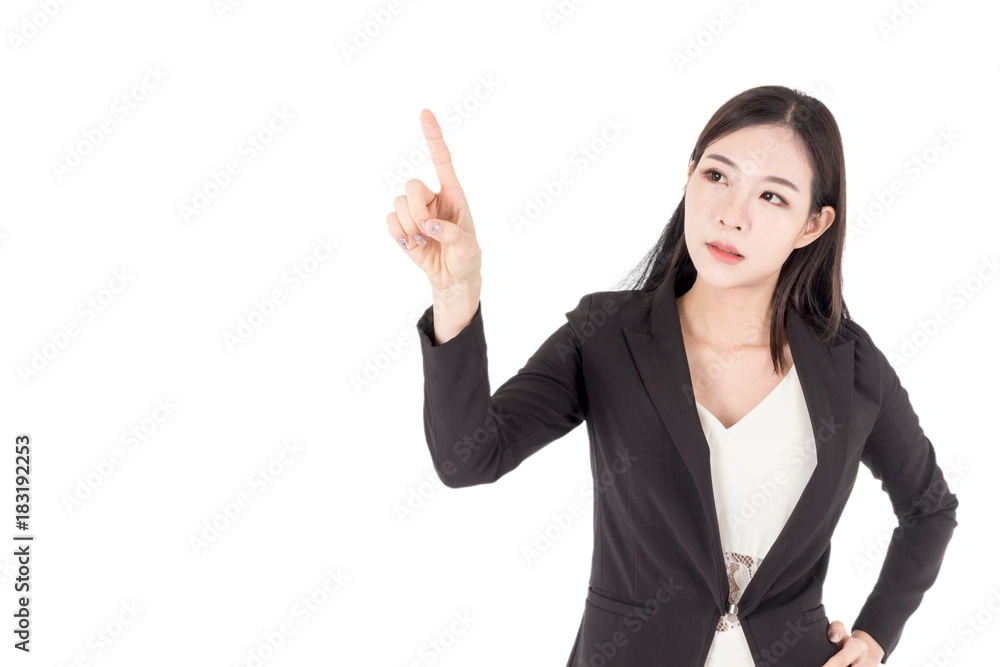 Business woman touching the screen with her finger isolated on white Business woman touching the screen with her finger isolated on white