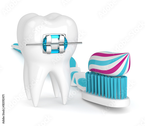 3d render of teeth with braces and toothbrush