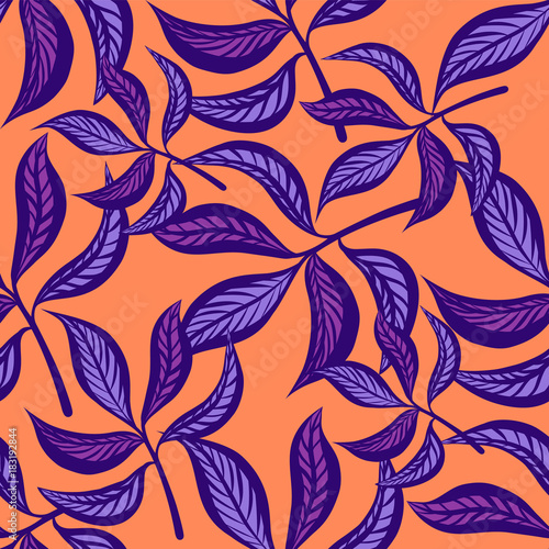 Floral hand drawn vintage seamless pattern with leaves. Fabulous lilac leaves...