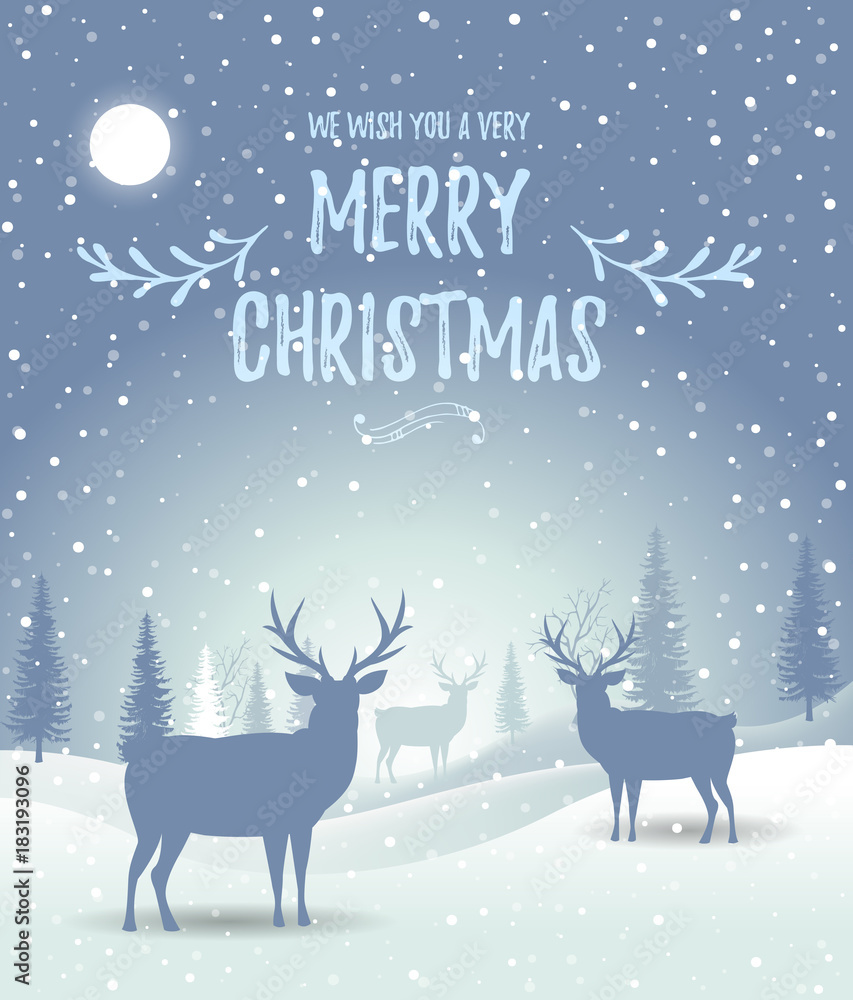 Christmas card. Holiday winter landscape with deer silhouettes. Winter christmas background with fir tree. Merry Christmas handdraw style lettering . Vector illustration. EPS 10