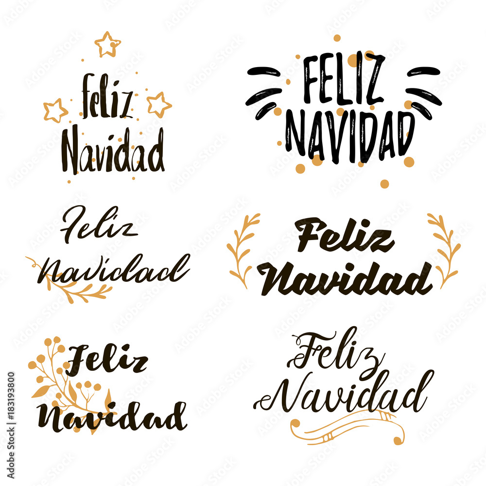 Spanish Merry Christmas Feliz Navidad Festive calligraphic lettering Set.  Collections of beautiful Merry Christmas title for greeting card, flyer,  web, banner. Christmas typography set. Vector Stock Vector | Adobe Stock