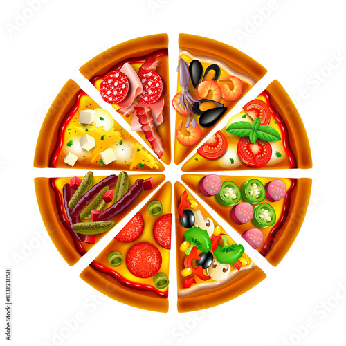 pizza from different slices top view isolated vector