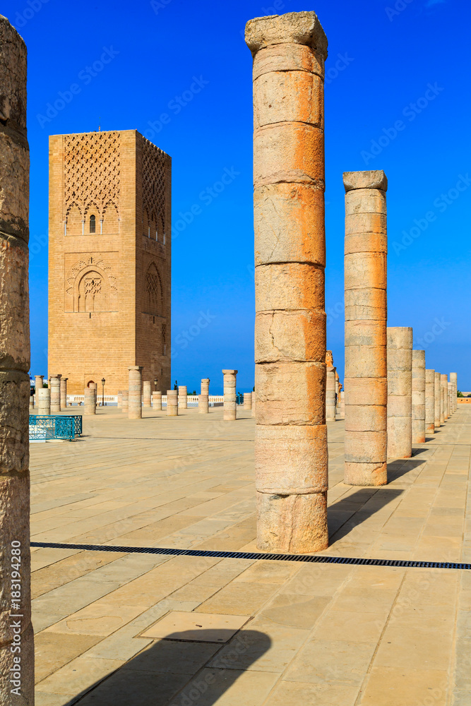 Square with Hassan tower at Mausoleum of Mohammed V in Rabat, Morocco