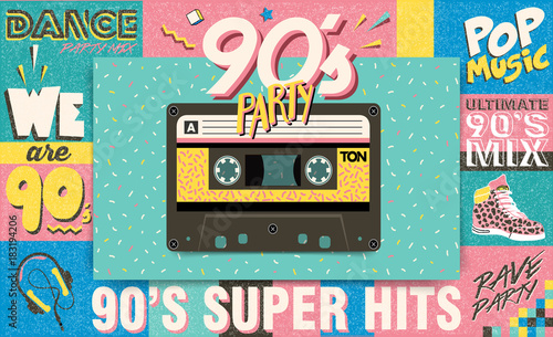 90's music mix. Trendy. Retro style design club. 90's party, 90s fashion, 90s background, 90's and 80's graphic, 90s style, pop music party 1990, vintage night. Easy editable Memphis poster design.