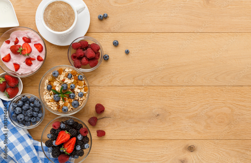 Rich breakfast on natural wooden table Rich breakfast on natural wooden table