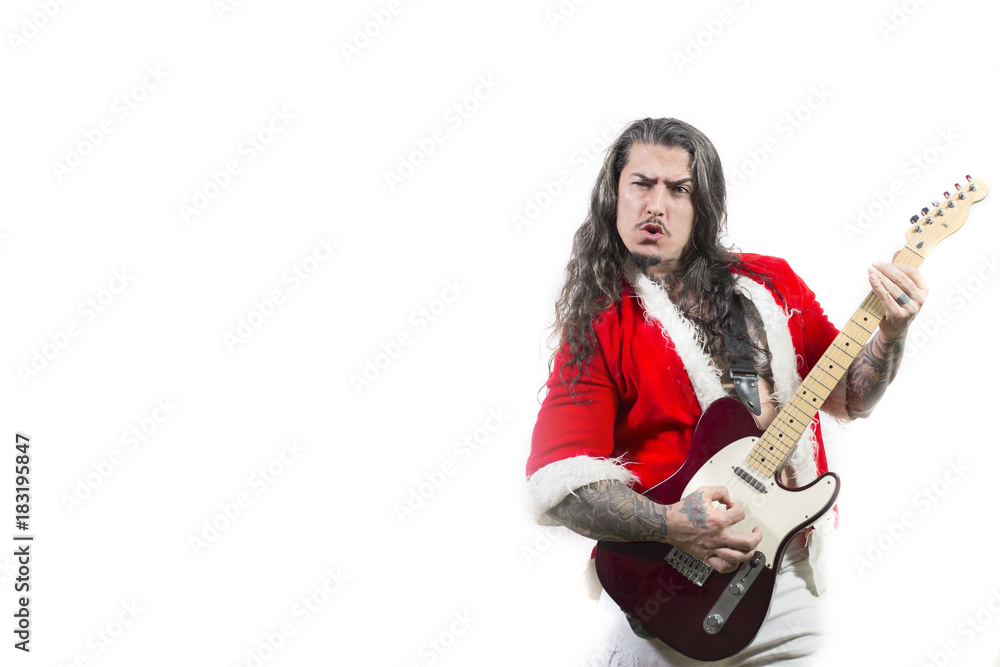 Inked Santa Clause with sunglasses playing guitar, white background