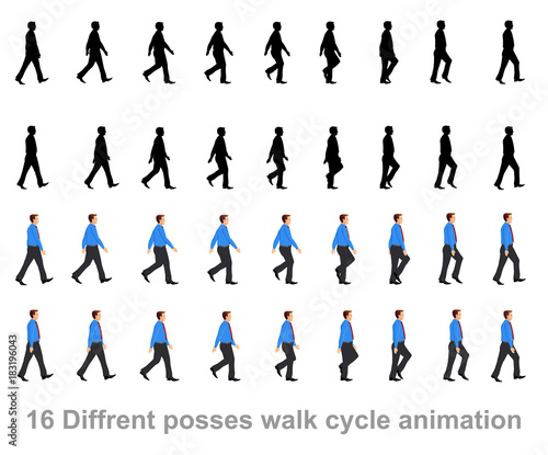 business man walk cycle sprite sheet, Animation frames, silhouette, Loop Animation