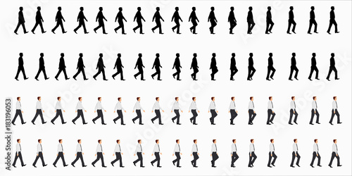 business man walk cycle sprite sheet, Animation frames, silhouette, Loop animation
