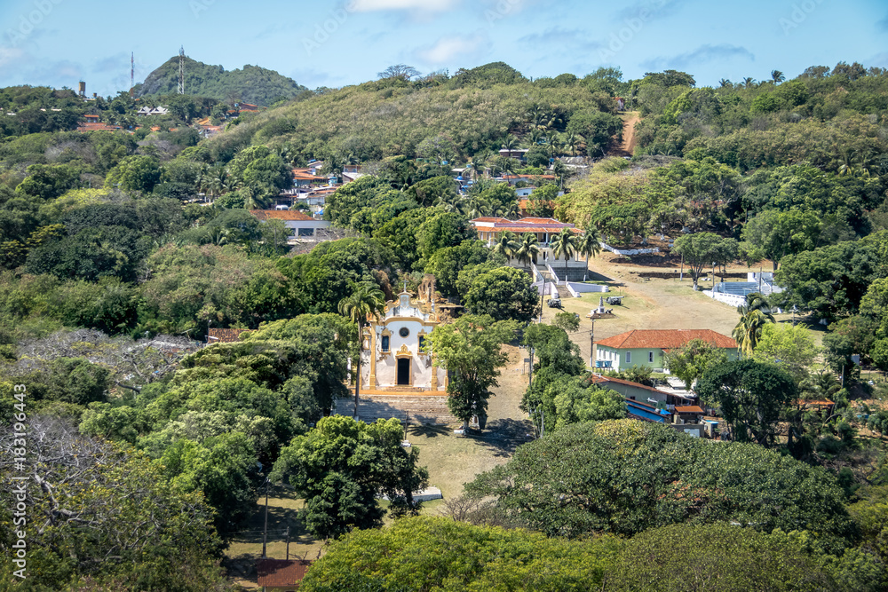 Aerial view of Vila dos Remedios and Nossa Senhora dos Remedios Church - Fernando de Noronha, Pernambuco, Brazil Aerial view of Vila dos Remedios and Nossa Senhora dos Remedios Church - Fernando de Noronha, Pernambuco, Brazil