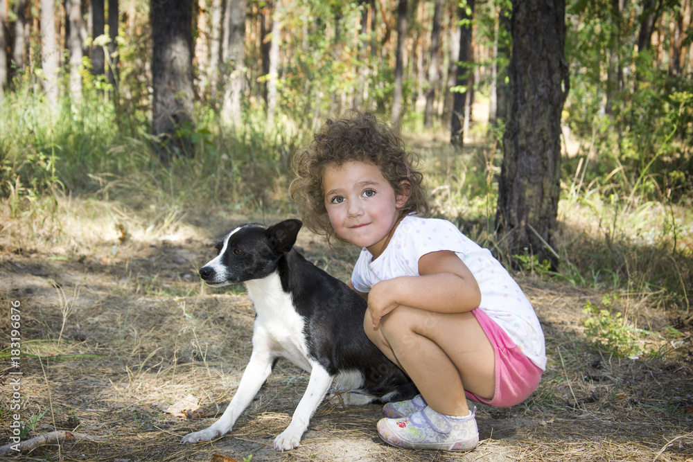 In the summer in the forest a little girl hugs a dog In the summer in the forest a little girl hugs a dog