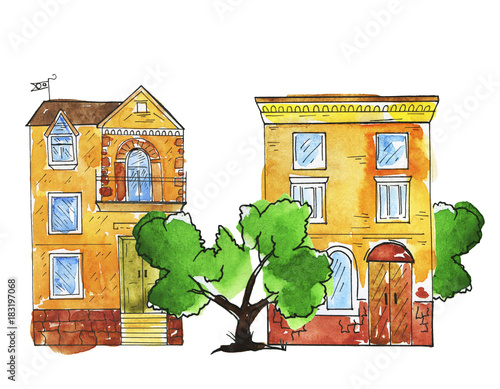 European urban houses set painted by watercolor and ink. Hand drawn illustration.