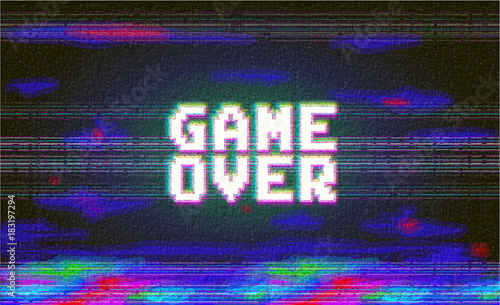 Vector game over phrase in pixel art style with screen glitch VHS effect. Three color half-shifted letters. Retro vintage TV screen. Gamer panel basic platform. Occasional pixels around.  