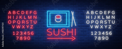 Vector neon sign logo Sushi bar, Asian fast-food street in a bar or shop, sushi, Onigiri with salmon roll with chopsticks, isolated. Luminous advertising, neon bobbler seafood. Editing text neon sign