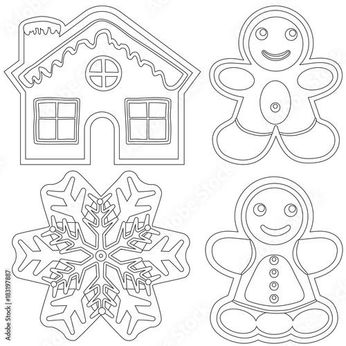 Gingerbread black and white poster - house, man, woman, snowflake.