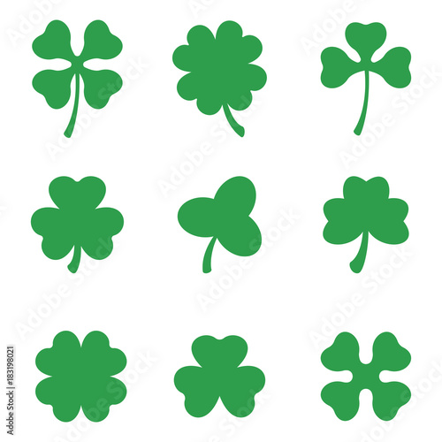 Set of three and four leaf clovers. Vector icon. St Patricks day. Clover silhouette.