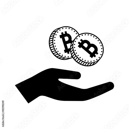 Icon of hand with bitcoin. Cash with bitcoin digital currency signs. Vector Illustration