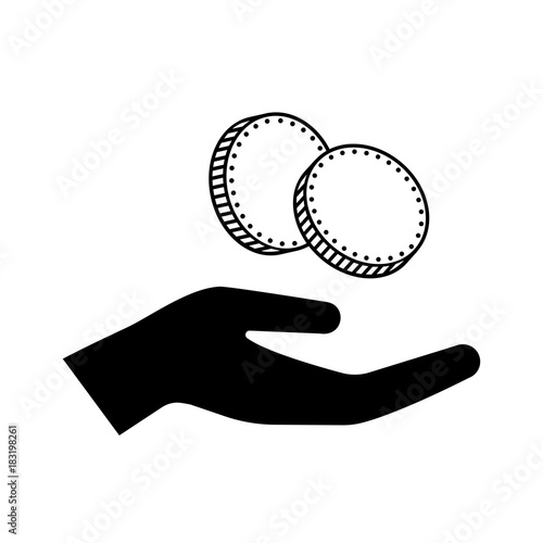 Icon of hand holding small change of several coins. Concept representing payment, value, charity or donation. Vector Illustration
