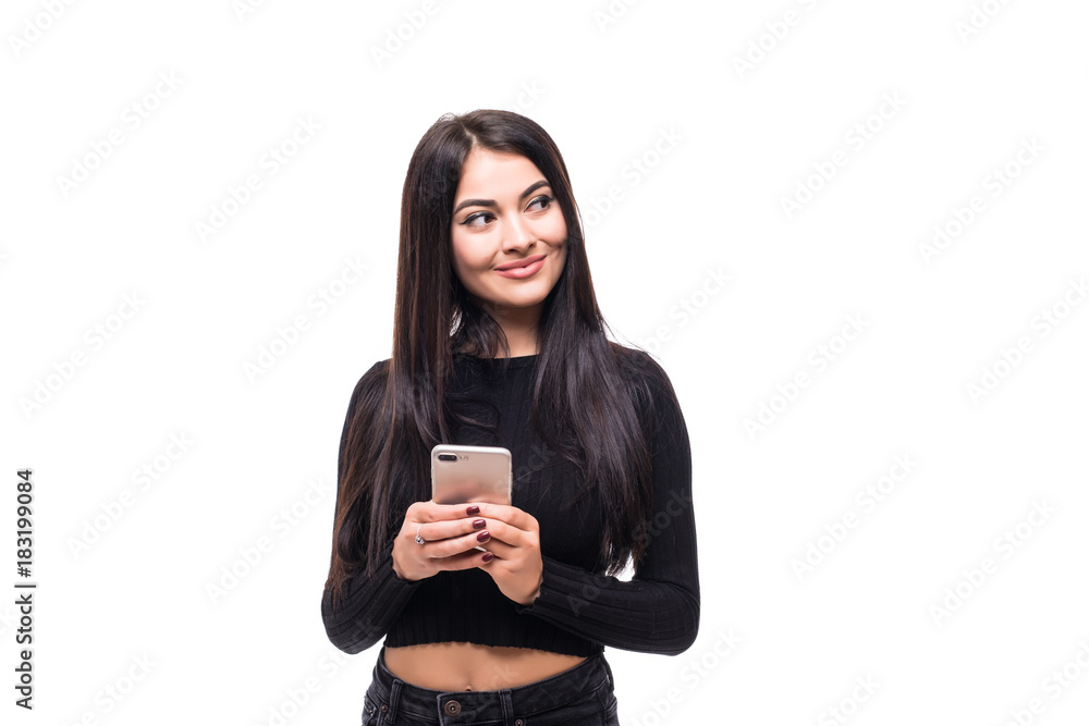 Portrait of Beautiful Young woman using mobile phone isolated on white background Portrait of Beautiful Young woman using mobile phone isolated on white background