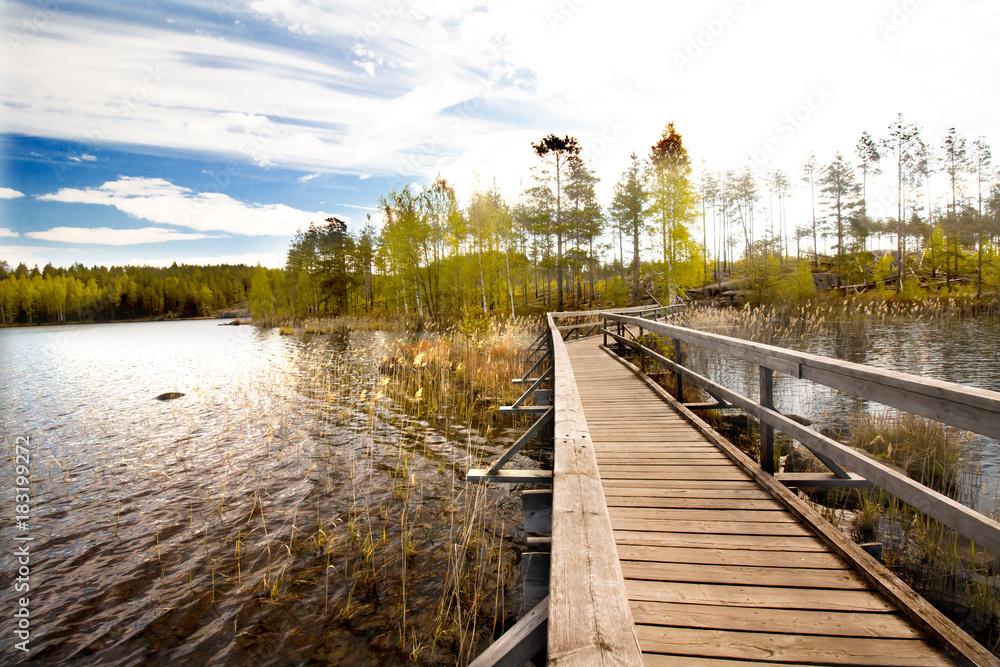 Wooden pier on beautiful lake in the national park Repovesi, Finland, South Karelia.