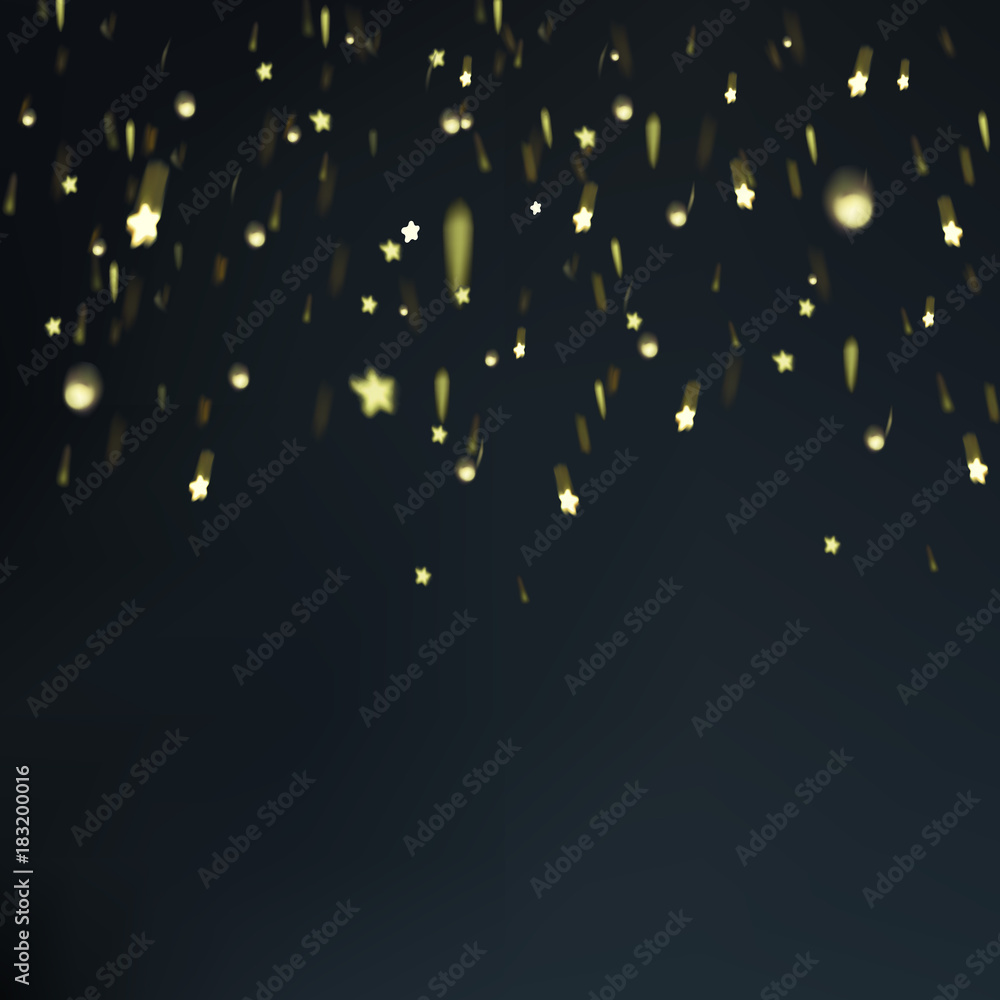 Falling stars on black New Year holiday background. Golden Confetti, isolated vector illustration.