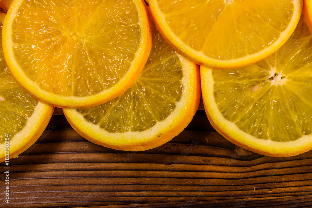 Orange fruits on wooden table. Top view Orange fruits on wooden table. Top view