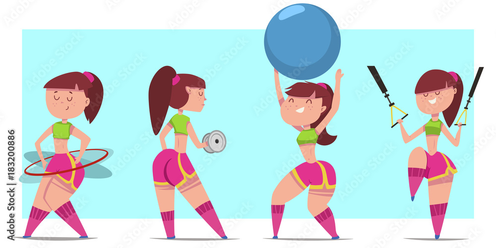 Woman doing fitness exercises with dumbbells, fit ball, hula hoop and  suspension training. Cute cartoon girl vector character set isolated on a  background. Healthy lifestyle and sport illustration. Stock Vector | Adobe