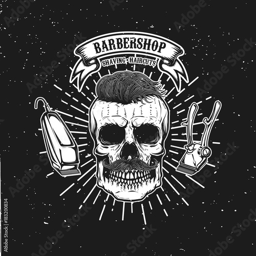 Barbershop emblem template. Hipster skull with mustache. Design element for poster, card, banner. Vector illustration