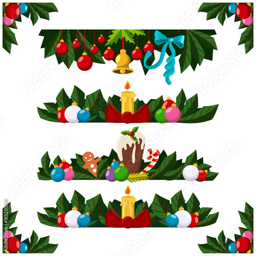 Christmas decoration, border, frame or garland with xmas tree branch, balls, candle, pudding and holly berry. Vector cartoon set illustration isolated on a white background.