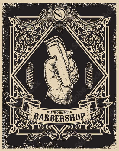 barber shop poster template. Human hand with hair clipper. Design element for card, banner, flyer. Vector illustration