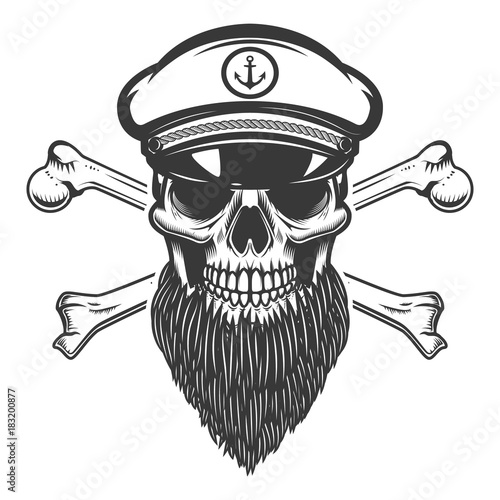 bearded sea captain skull with crossbones. Design element for emblem, sign, label, poster. Vector illustration