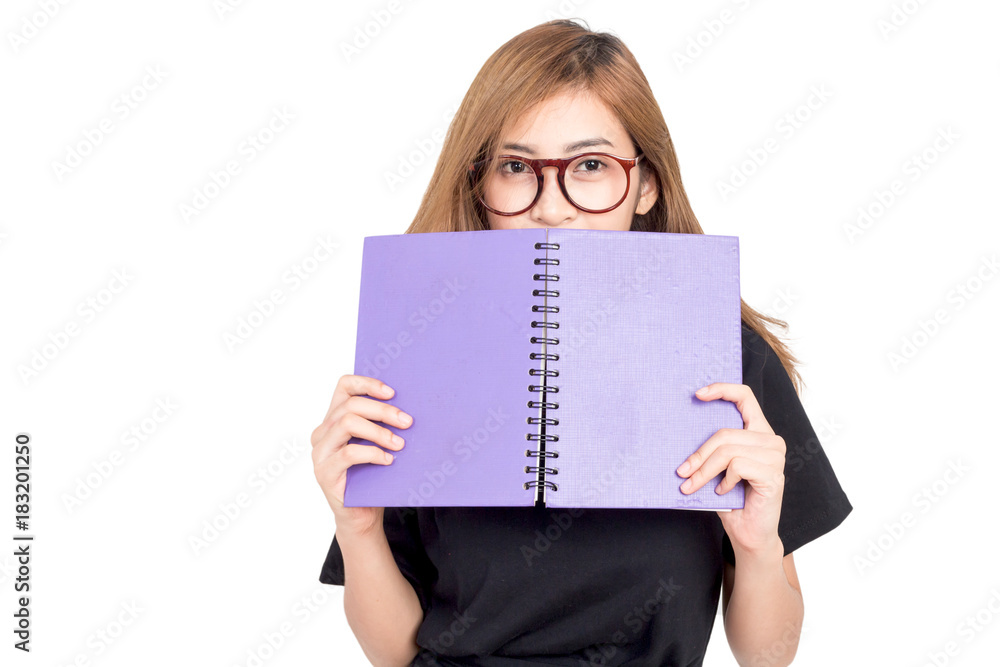 Portrait of female student holding book isolated on white background Portrait of female student holding book isolated on white background