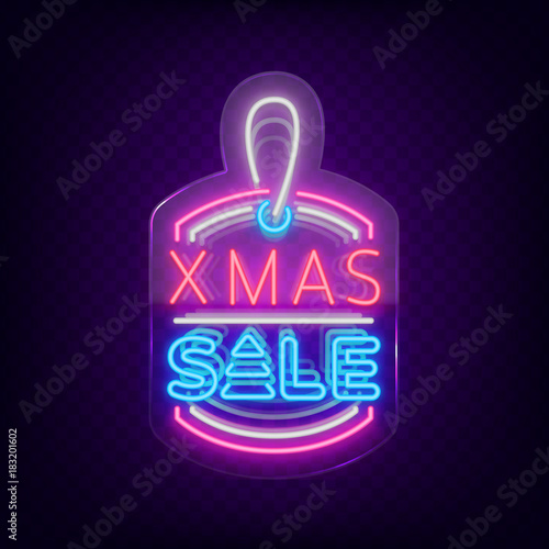 Xmas sale, christmas discount poster, flyer card in neon style. New year discount neon design text. Festive winter sale, bright advertising banner. Neon sign on transparent glass. Vector illustration