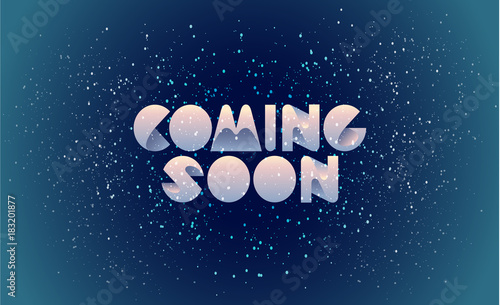 Coming Soon banner, web page template, frame, badge, board, poster on blue background texture for web site. Blue, pink, purple color. Easy editable for Your design. photo