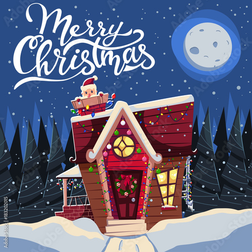 Christmas house in the snow decorated with garlands and with Santa Claus in the chimney. Vector cartoon holiday illustration of a winter landscape, greeting card, banner, poster, etc.