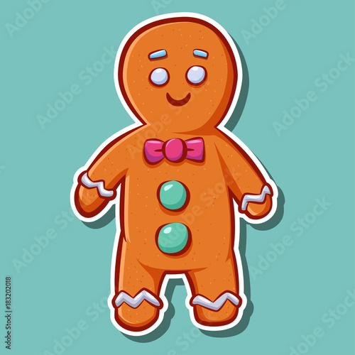 Cute cartoon gingerbread man cookie vector sticker. Christmas character isolated on background.