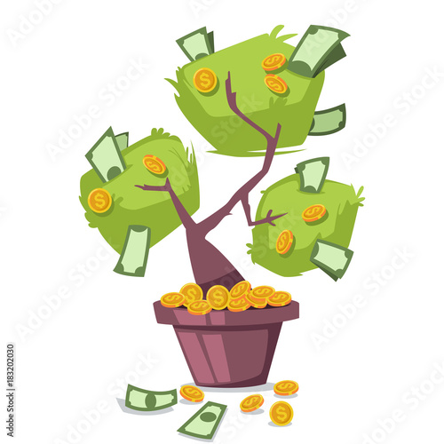 Money tree with dollars and gold coins. Vector cartoon icon isolated on white background.
