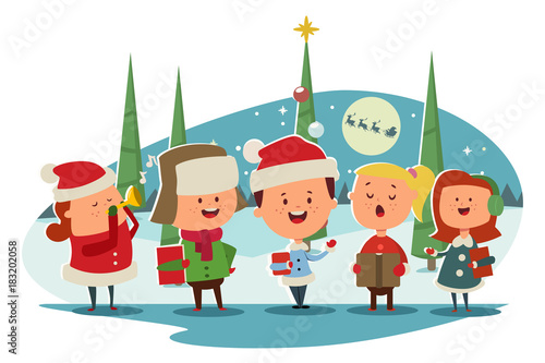 Christmas Caroling. Cute children choir singing carols. Vector cartoon illustration on a winter landscape.