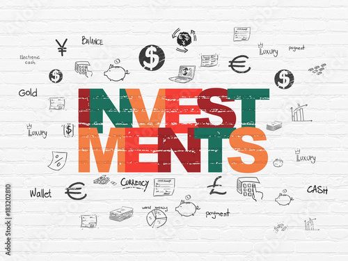 Currency concept  Painted multicolor text Investments on White Brick wall background with  Hand Drawn Finance Icons