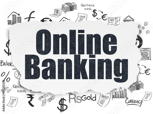 Banking concept: Painted black text Online Banking on Torn Paper background with Hand Drawn Finance Icons