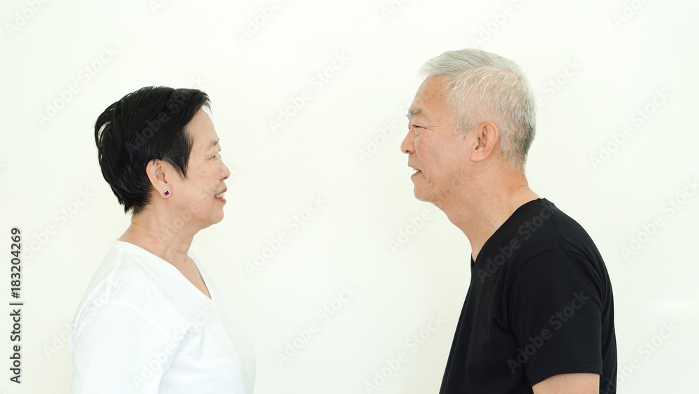 Asian senior couple smile, life with no worry on white background Asian senior couple smile, life with no worry on white background