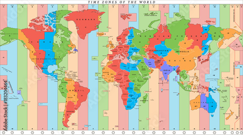 Vector detailed world map with time zones and countries