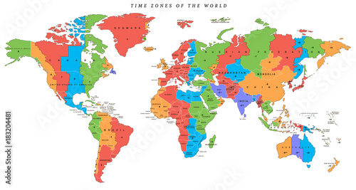 Vector detailed world map with time zones and countries