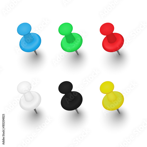 Set of push pins with shadows on white background. Vector illustration