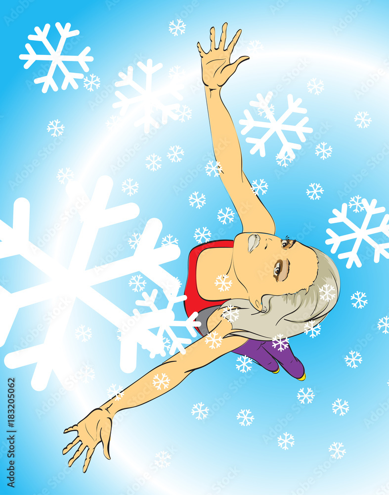 Fototapeta premium Merry Christmas and Happy New Year vector card. Xmas illustration with girl and snowflakes. Beautiful festive bright decoration for holiday greeting cards. Christmas background