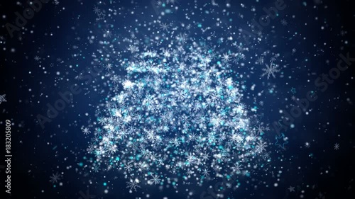 Growing New Year tree with falling snowflakes and stars