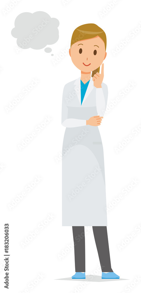A female doctor wearing a white coat thinks